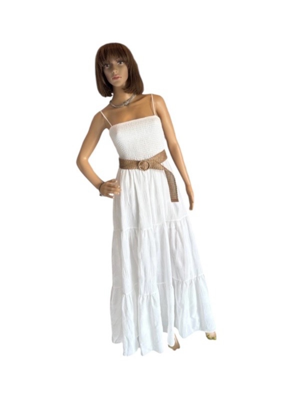 Hyfve White Smocked 3 Tier Belted Maxi Dress Small. Buckle